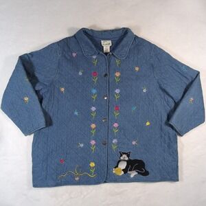 VTG The Quacker Factory Quilted Denim Blanket Jacket Womens 3XL Cats Floral Bead